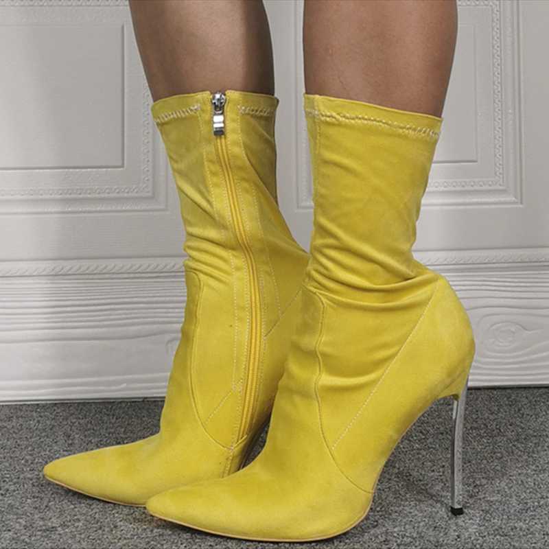 

Boots Soft Solid Suede Upper Pointed Toe Side Zip Women Ankle Winter Stiletto Shoes Booty Plus Size 45 Thin High Heel, Yellow