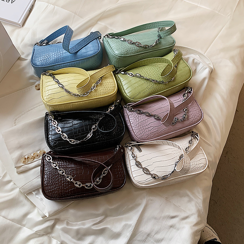 

Crossbody Bags Stone Pattern Small PU Leather Baguette Underarm for Women 2021 Summer Branded Chain Shoulder Handbags, Army green