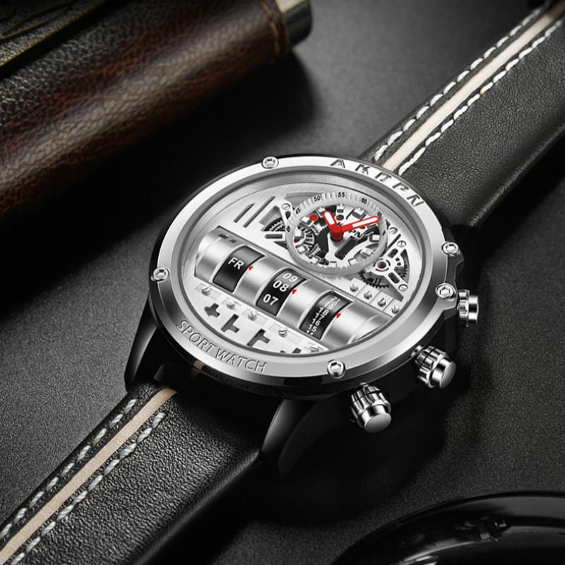 

Wristwatches Unique Men Leather Black Silver Creative Rotate Date Watches For Male Military Sport Clock Design Relogio Masculino, White