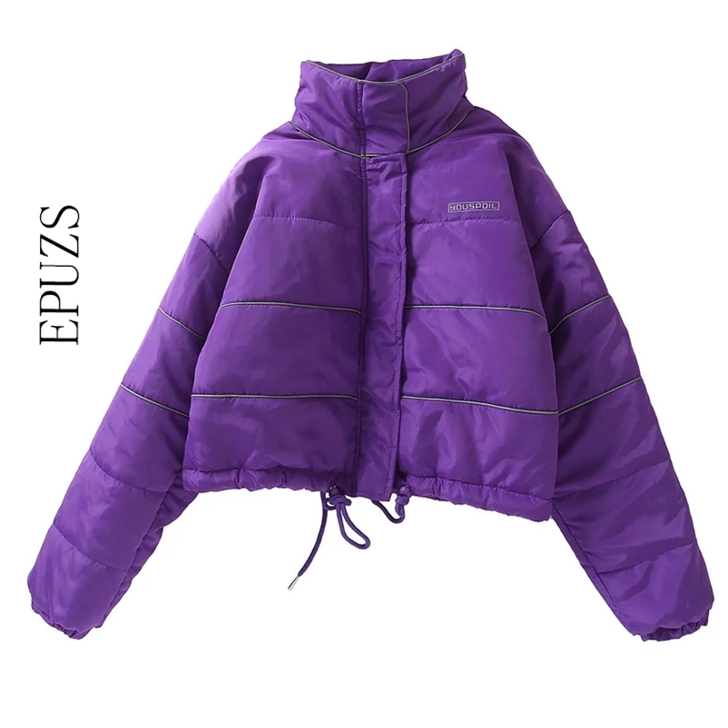 

winter jacket women fashion Reflective stripe thick parka long sleeve purple pink warm Parkas Coat ladies coat 210521