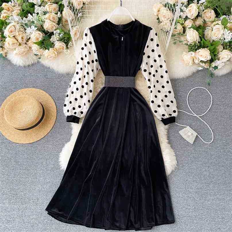 

Retro Women Polka Dot Dress Autumn Patchwork Long Sleeve with Belt Slim A Line Vintage Dresses Ladies Elegant Velvet Drses 210525, Black