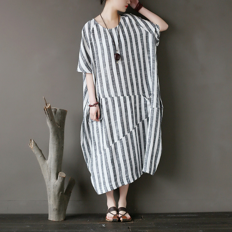 

original personality stitching stripe dress sleeve long cotton and linen dress loose oversized linen robe summer, Black;gray