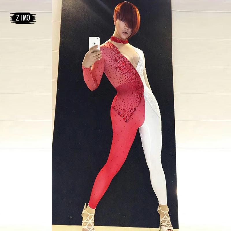 

Women's Jumpsuits & Rompers Women Red White Patchwork Suit Pearl Rhinestones Jumpsuit Singer Female Dj Pole Dancing Team Latin Nightclub Par