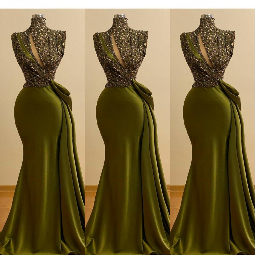 

2021 Hunter Green Sequins Crystal Beaded Mermaid Evening Dresses Vintage High Neck Keyhole Sequined Lace Prom Gowns Saudi Arabic Long Formal Party Gown, Same as picture