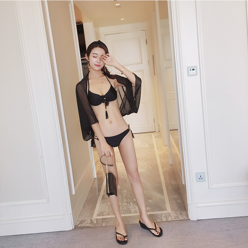 Women&#039;s Thai Sexy Black Bikini Three Piece Set Small Chest Gathered Steel Support to Show Thin Belly Covering Swimsuit-image-678375933