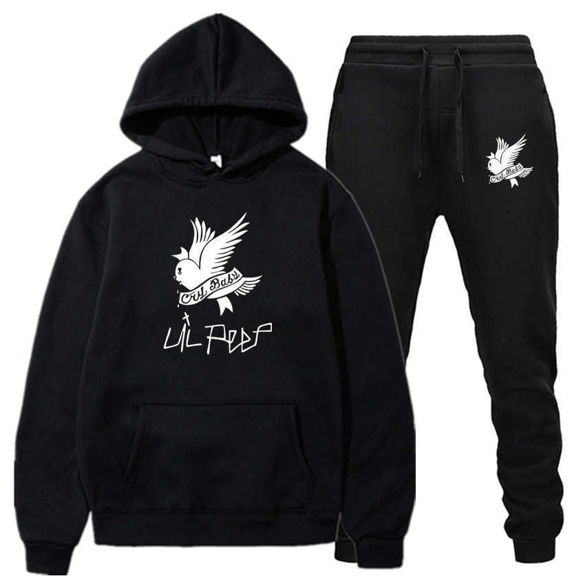 

New Men Hoodies Suit Lil Peep Tracksuit Sweatshirt Suit Fleece Hoodie+Sweat pants Jogging Homme Pullover Sportwear Suit Male X0610, Black-c