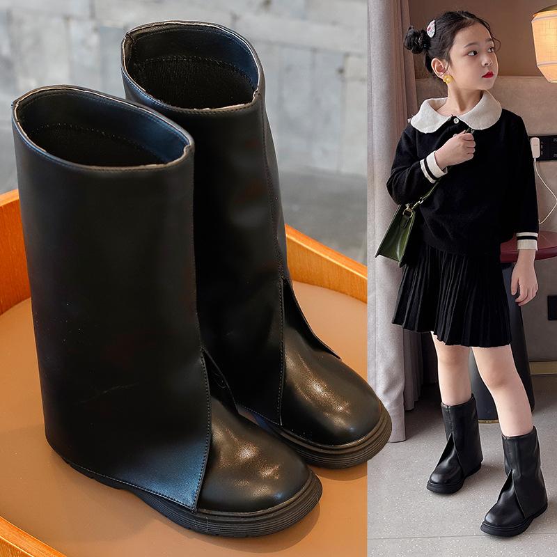 

Boots Girls Leather 2021 Pants High Children Retro Knight Princess Single, Black;grey