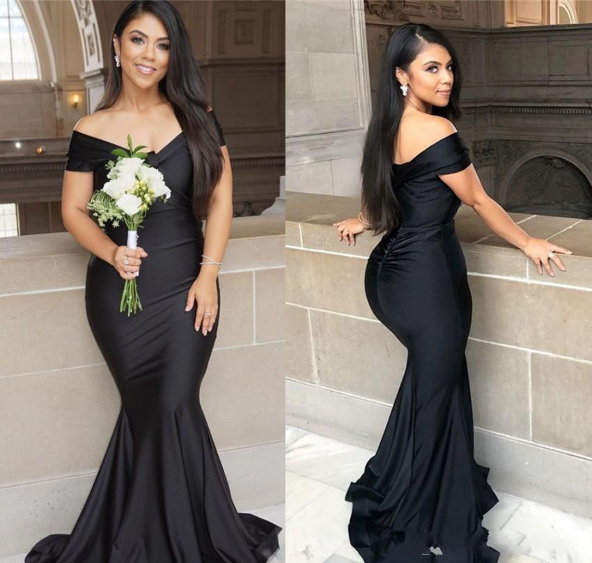 

Black Mermaid Long Bridesmaid Dresses Plus Size Off Shoulder Floor length Garden Maid of Honor Wedding Party Guest Gowns