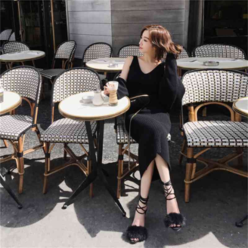 

Winter Two Pieces Set Women's Long Sleeve Black Knitted Cardigan Coat + Female V-Neck Sexy Backless Dress Suit 210520, Photo color