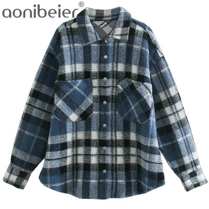 

Withered England Preppy Style Vintage Plaid Pockets Loose Casual WInter Jacket Women Feminino Feminina Coat 210604, Blue