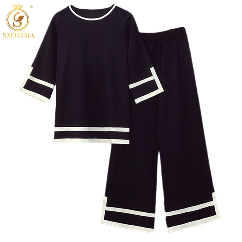 

Fashion Spring Knitted Two Piece Set Women's Plus Size Pullovers Tops + High Waist Split Wide-Leg Pants Suits 210520, Photo color