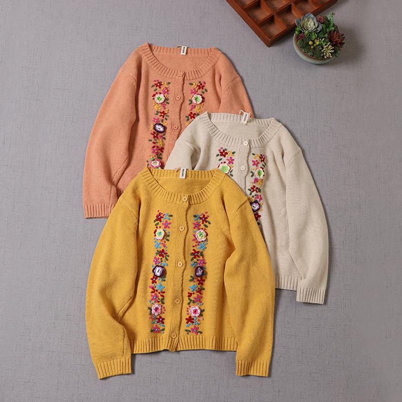 

Women's Knits & Tees 2021 Autumn Winter Sweet Mori Girl Embroidery Sweater O Neck Long-Sleeve Loose Knit Cardigan Soft Applique Jacket, Beige
