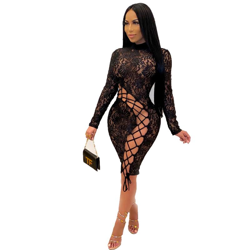 

Casual Dresses Spring And Autumn Sexy Women' Wear Solid-Color Tight Long-Sleeved Lace Patchwork Dress Club Outfits, Black
