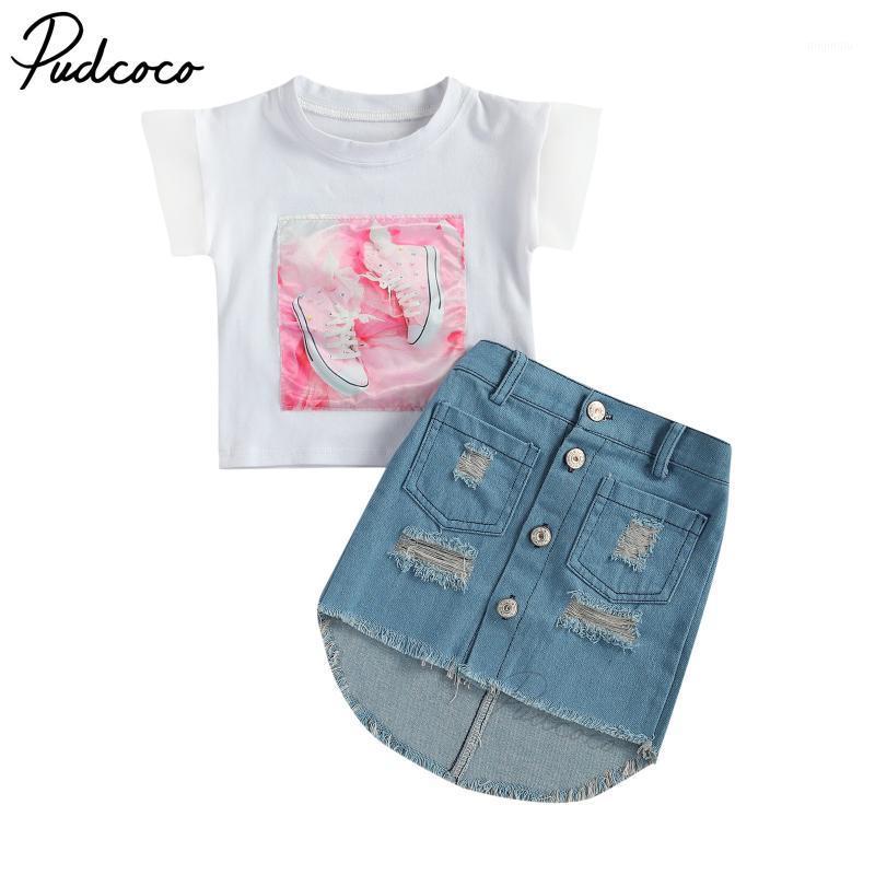 

Clothing Sets 1-6Y Infant Kid Baby Girl Summer Fashion Clothes Lace Short Sleeve Shoes Print Tops Shirt Ripped Tassel Denim Skirts 2Pcs Outf, White