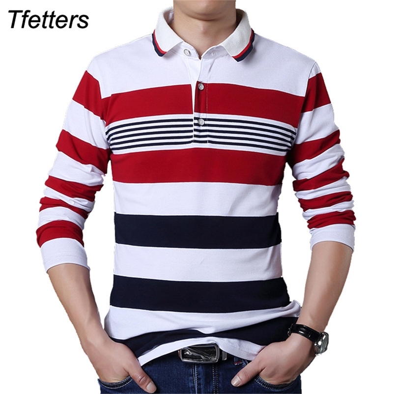 

TFETTERS Autumn Casual Men T-shirt White and Red Stripe Pattern Fitness Long Sleeve Turn-down Collar Cotton Tops Clothes 210629