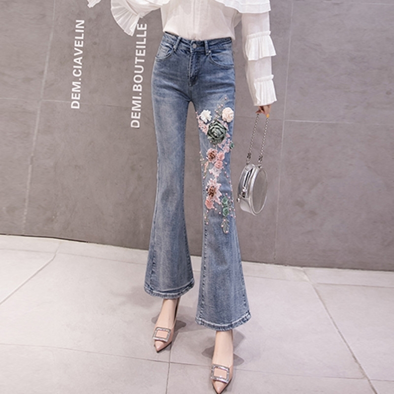 

Flare Jeans Fashion Europe Style Women Beading Embroidery Flower Skinny Denim Pants Female Jean Trousers A3226 210428, Beige
