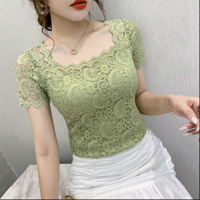 

women t shirts lace summer short sleeve shirt square collar solid color blusas, White