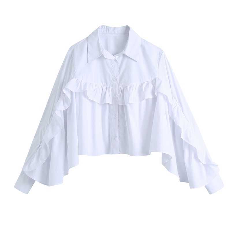 

Casual Cascading Ruffles White Blouse Puff Sleeve Shirts Women Turn Down Collar Loose Street Style Tops 210525
