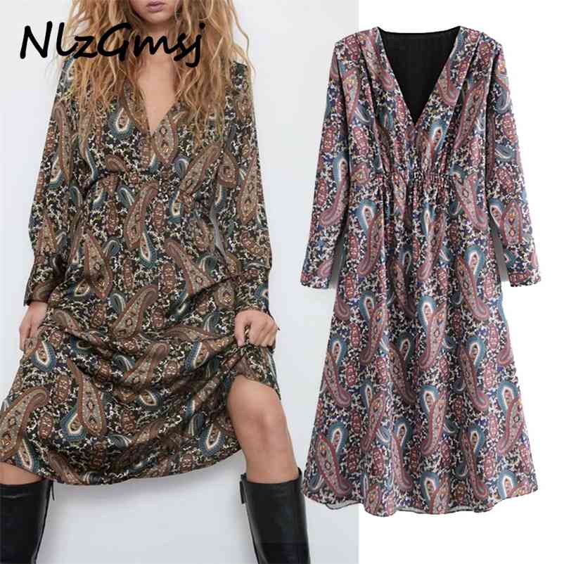 

Dres Fashion Vintage Flowers Print Chiffon Long Sleeve V Neck Ladies Midi 210628, As picture