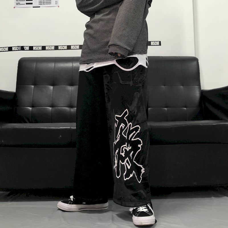 

gothic punk streetwear women pants couple Harajuku Autumn trend hip-hop street text smoke print loose casual pant trousers 210526, Black