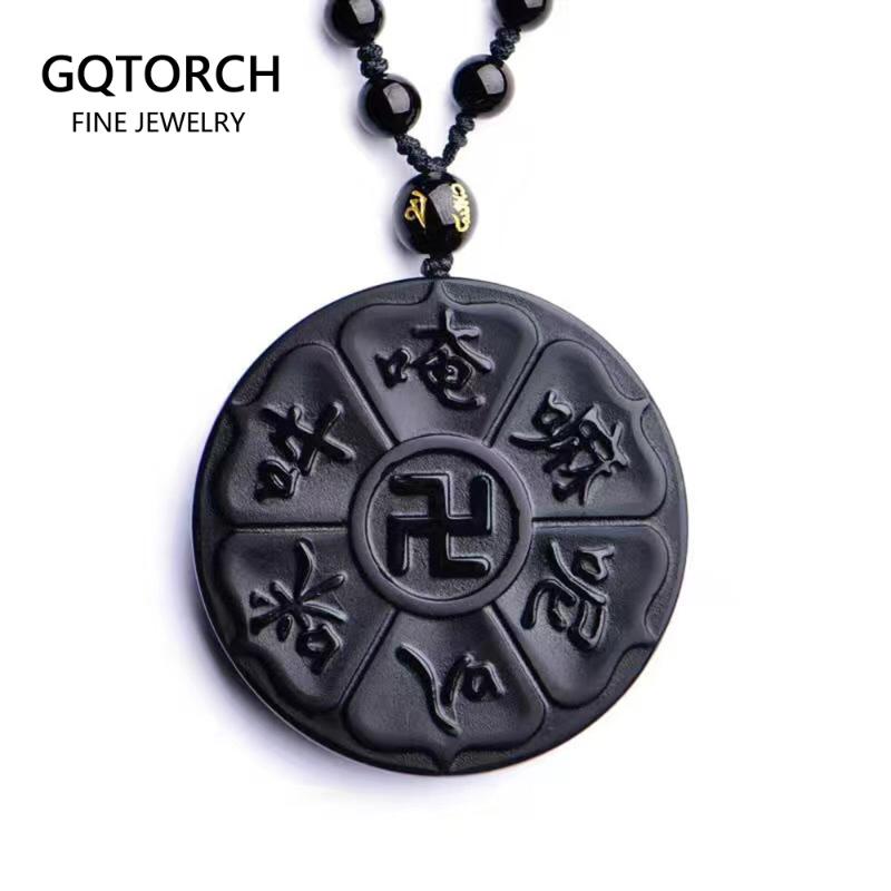 

Pendant Necklaces Natural Black Obsidian Mantra Six Word Carving Feng Shui Buddha Jewelry For Men And Women