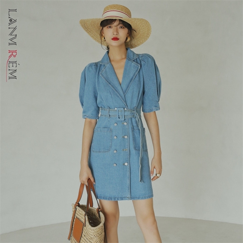 

Women Short Sleeve Lapel High Waist Denim Dress With Belt Casual Fashion Summer Arrivals 2H037 210526, Blue