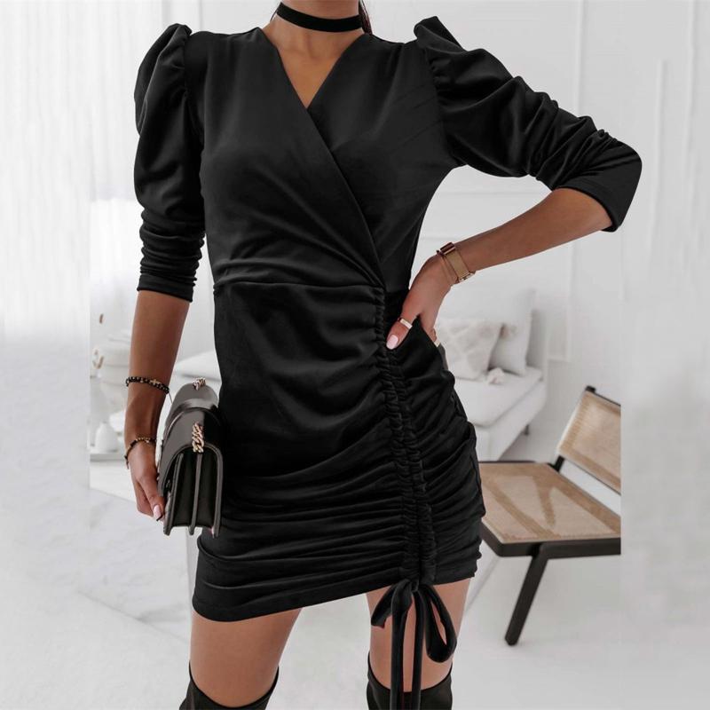 

Casual Dresses Office Ladies Solid Color Mini Dress With Drawstring Velvet Puff Sleeve V-neck Hip Clubwear Women Slim Flods #T2G, Black