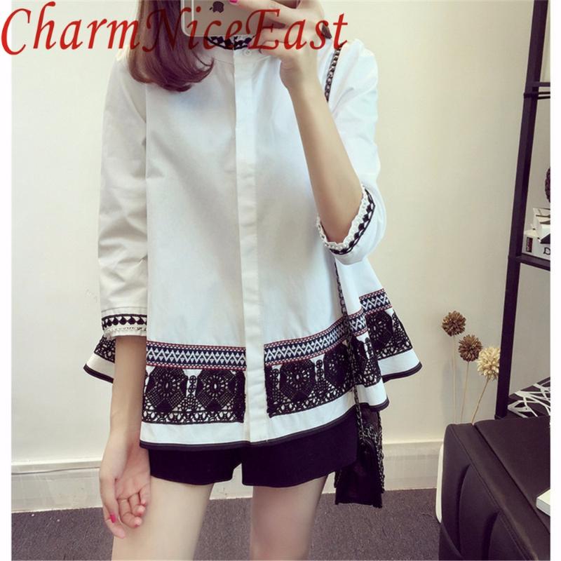 

Women's Blouses & Shirts 2021 Spring Autumn Loose Korean Wide Swing Collar Base Shirtdress Folk Style Doll Shirt Patchwork Blouse, White