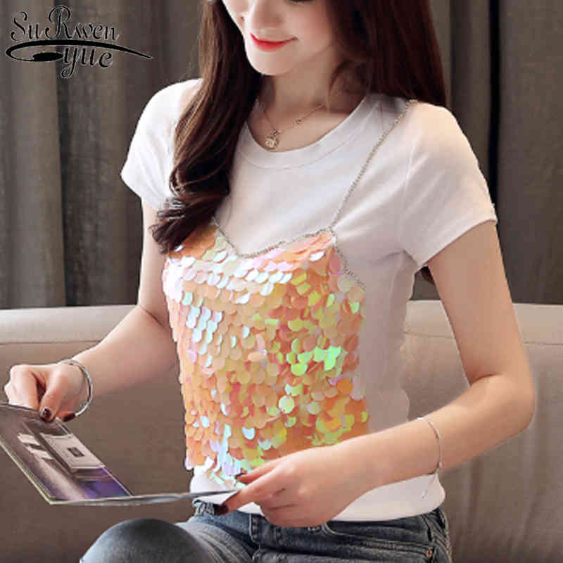 

Summer Women Clothing Tops Slim Shirt Fashion Short Sleeve T Blouise Splice 4139 50 210521, Orange sequins