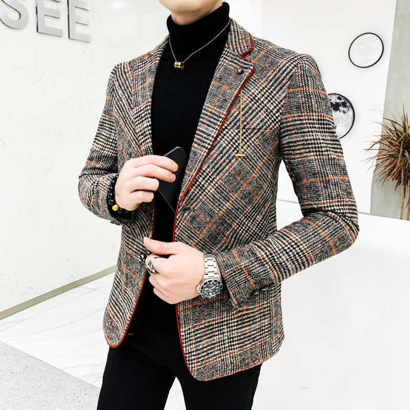 

British Style Plaid Blazer for Men Suit Jacket Casual Woolen Wedding Dress Coat Single Business Male Button Veste Costume Homme 210527, Xz-160