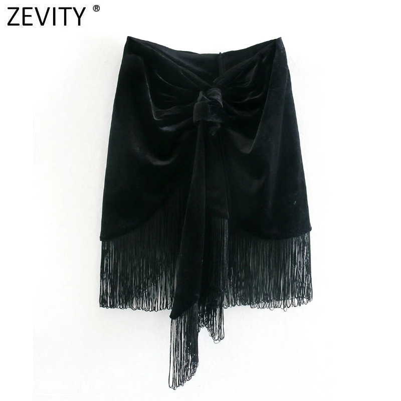 

Zevity Women Fashion Black Knotted Hem Tassel Casual Slim Velvet Skirt Faldas Mujer Ladies Back Zipper Chic Mini Vestidos QUN705, Xqj qun705k
