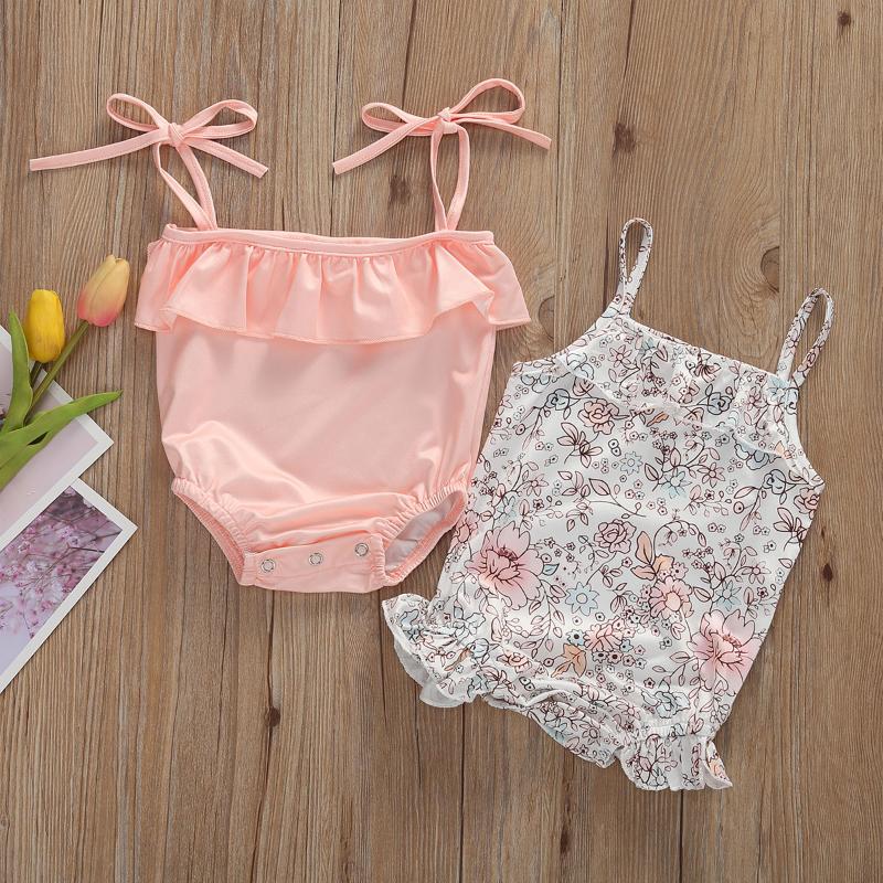 

One-Pieces Summer Baby Girls One-piece Swimsuit Toddler Sweet Style Flouncing Floral Print Or Solid Beach Sleeveless Suspender Swimwear, Black