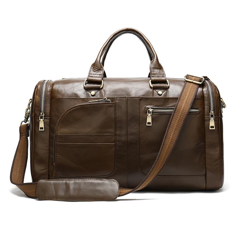 

Men's Genuine Leather Travel Bag Multifunction Retro Square Duffle Male Business Trip Zipper Pocket Handbags Duffel Bags, Coffee