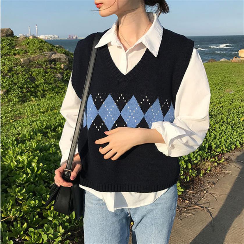

women vest winter argyle knitted womens sweaters ladies geometric pattern pullovers female oversize tank pull femme, White;black