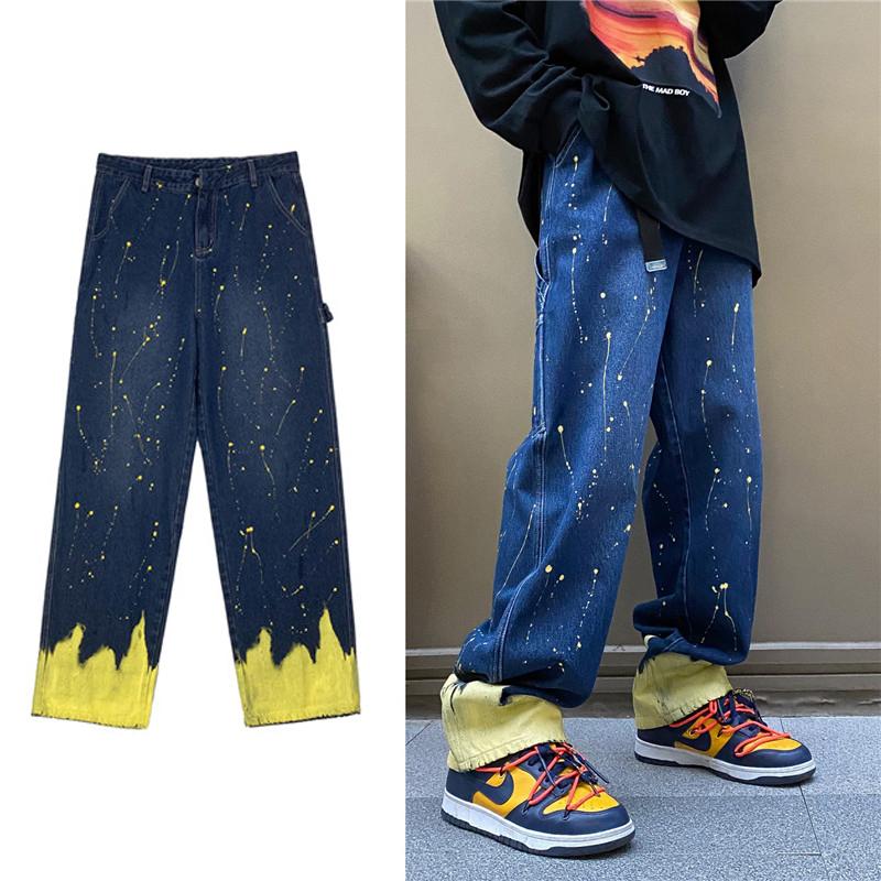 

Men's Jeans 2021 Hip Pants Streetwear Men Loose Denim Splash Ink Blue Vintage Cotton Trousers