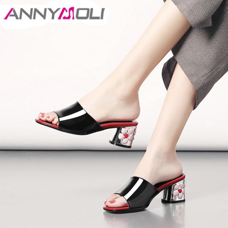 

Slippers ANNYMOL Women Summer Shoes Natural Genuine Leather Thick High Heels Cow Patent Flower Slides Lady Sandals, Black