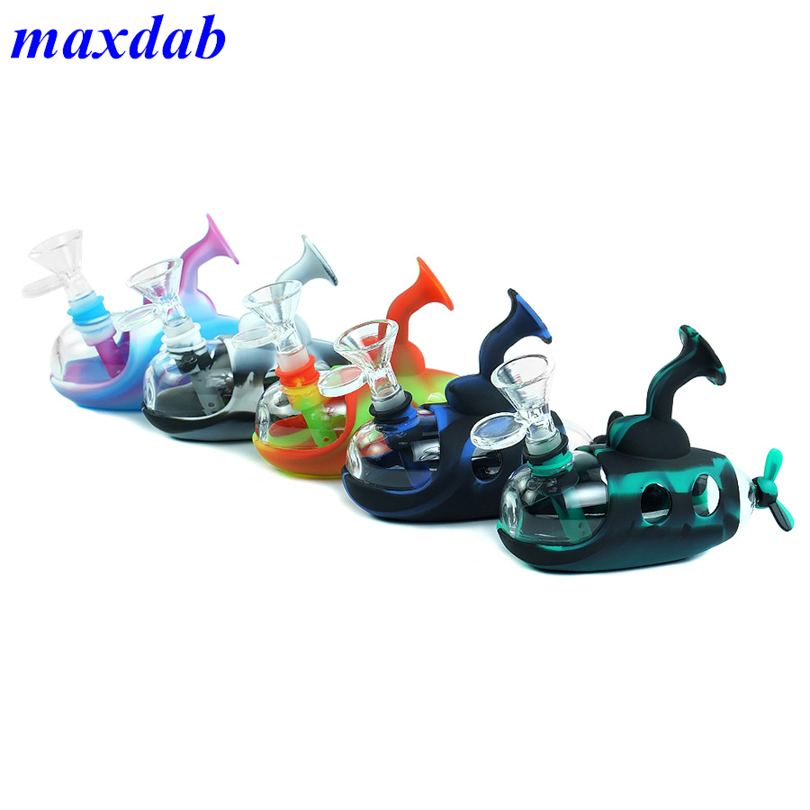 

Water Hookahs Tobacco Smoking Pipes Unbreakable Dry Herbal Silicone Smoke Bong Glass Filter Bowl Novel Submarine Shape Watertransfer Pattern Rubber