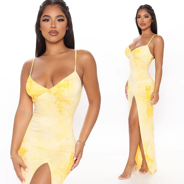 

Tie Dye Dress Summer Sleeveless Backless Sexy Dresses Woman Party Night Wear Slim Fit Bodycon Maxi Dresses Yellow 2020, Black;gray