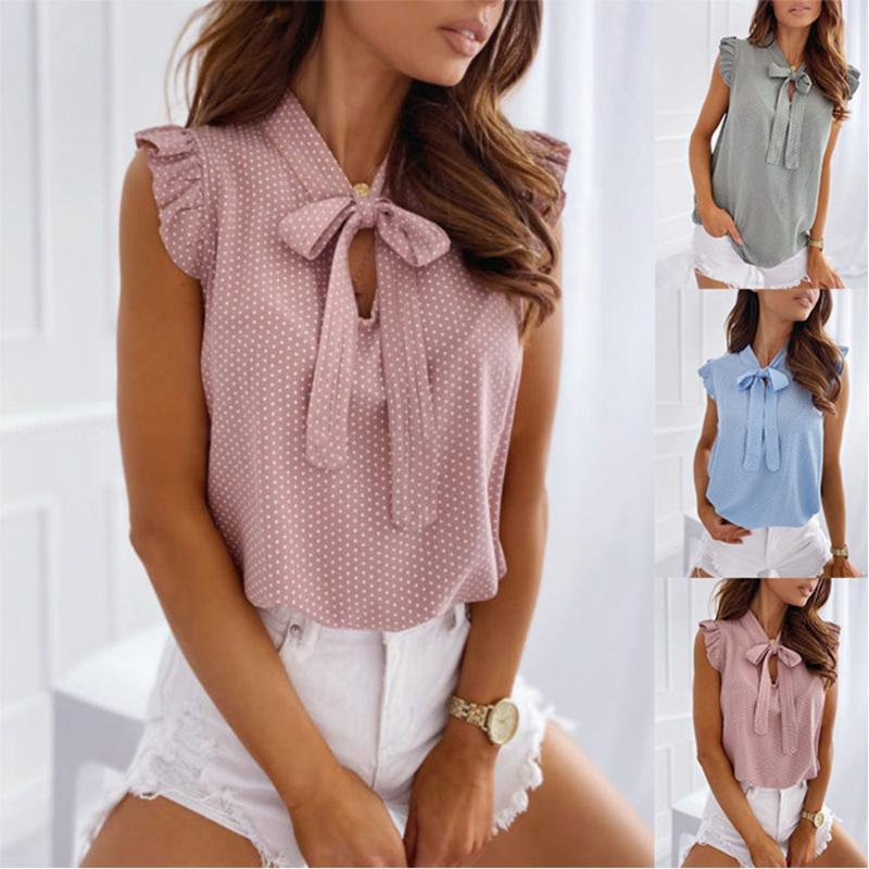 

Women' Blouses & Shirts Blouse Summer Bow Lace Up Polka Dot Printed Short Sleeves Ruffles Femme Blusas Tops Clothing 2021, Green