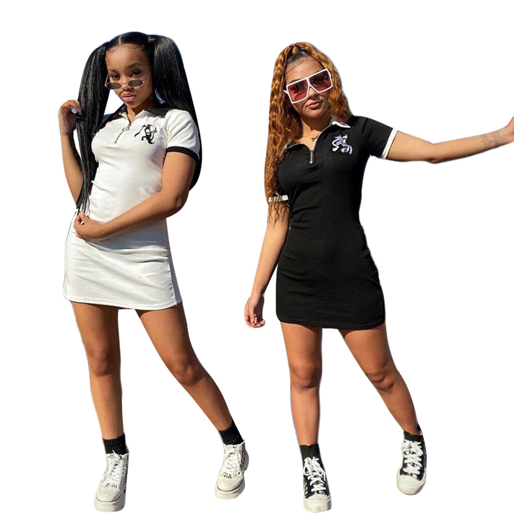 

Spring Summer Letter Printing Polo Dress Woman Plus Size Black Casual Above Knee-length Straight Dresses Female, J2511-black