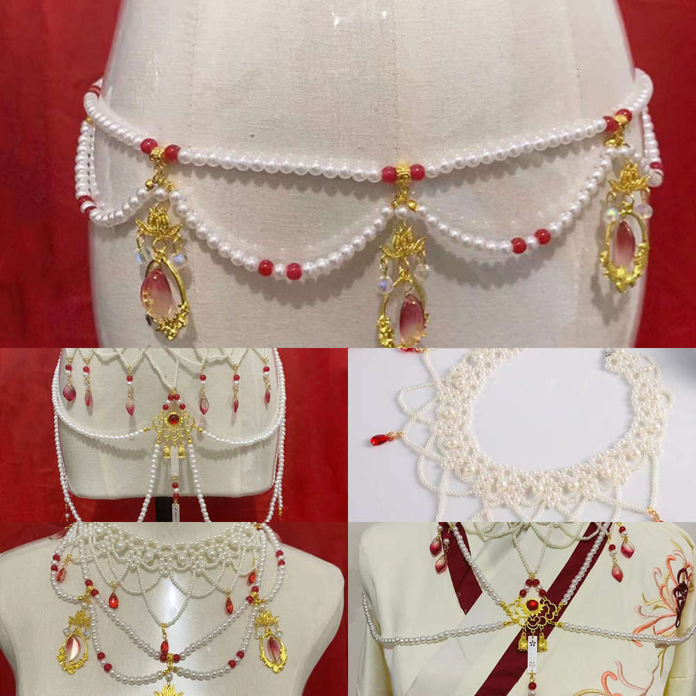 

Hanfu Dual ancient purpose chain cloud long shoulder tassel Pearl White Tang style flat collar waist Ru skirt, Silver