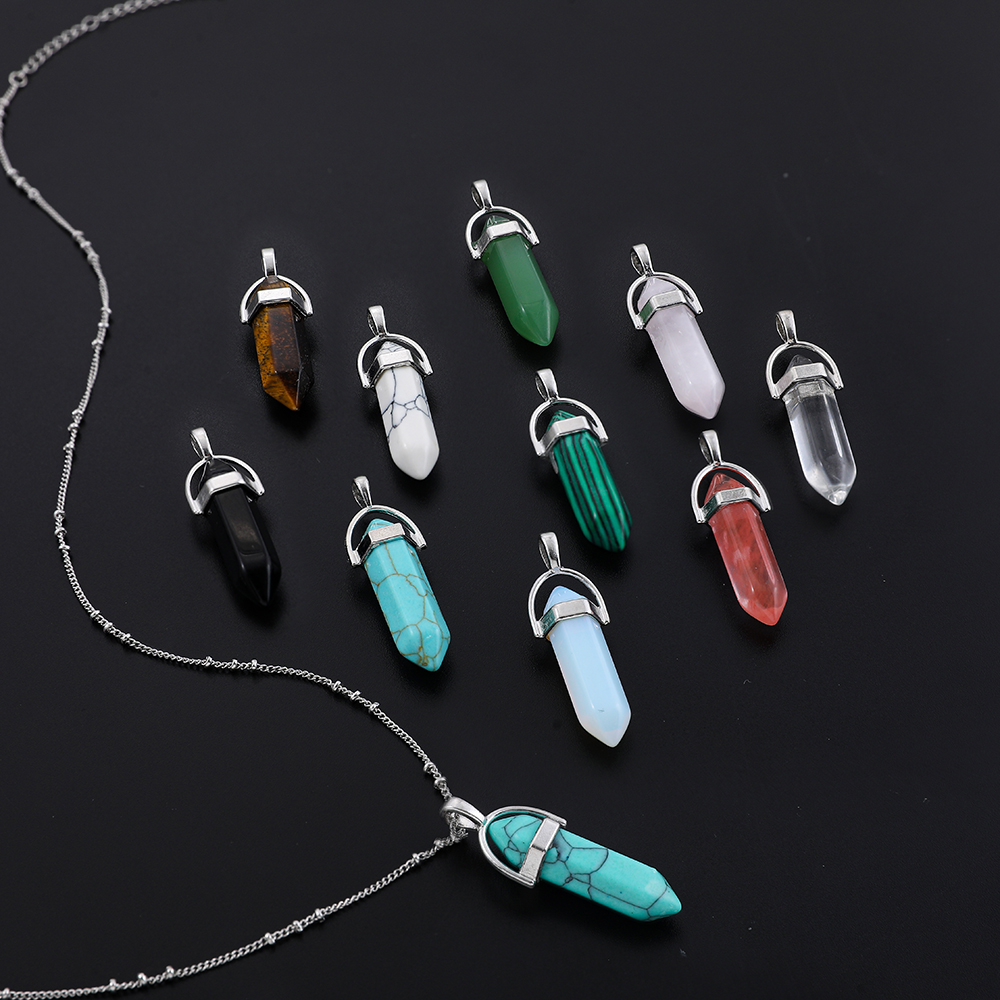 

Fashion Colorful Hexagonal Column Transparent Acrylic Pendant Necklace for Women Natural Stone Link Chain Necklaces Jewelry