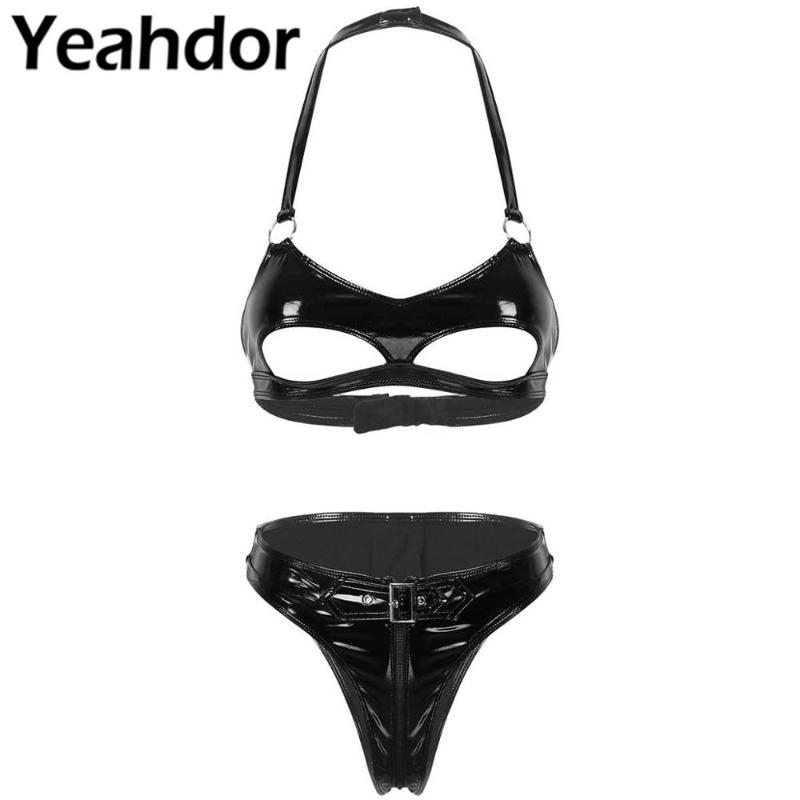 

2Pcs Sexy Womens Exotic Sets Wet Look Patent Leather Lingerie Halter Neck Cut Out Cups Bra Top High Legs Briefs Underwear Bras, Black