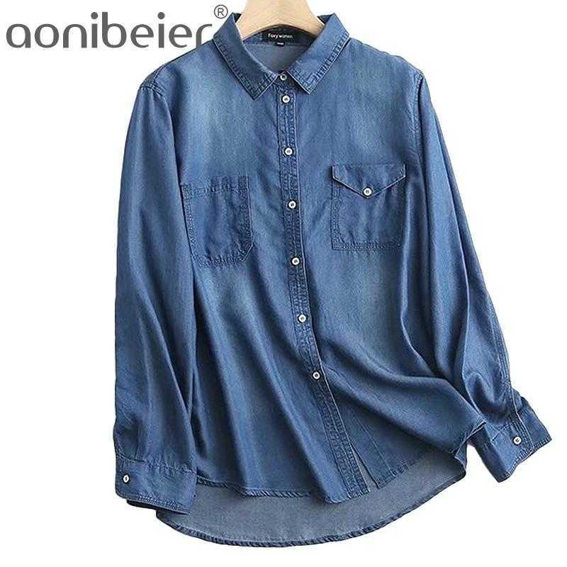 

Midi Denim Shirt Blouse Women Turn Down Collar Spring Jeans Shirts Streetwear Casual Long Sleeve Lady Outwear Mujer 210604, Sky blue
