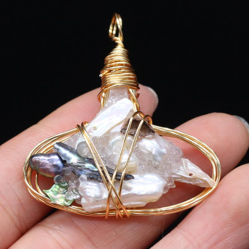 

Charms 2021 Freshwater Pearl Pendant Copper Wire Winding For DIY Jewelry Making Earrings Necklace Bracelet 40x45mm, Bronze;silver