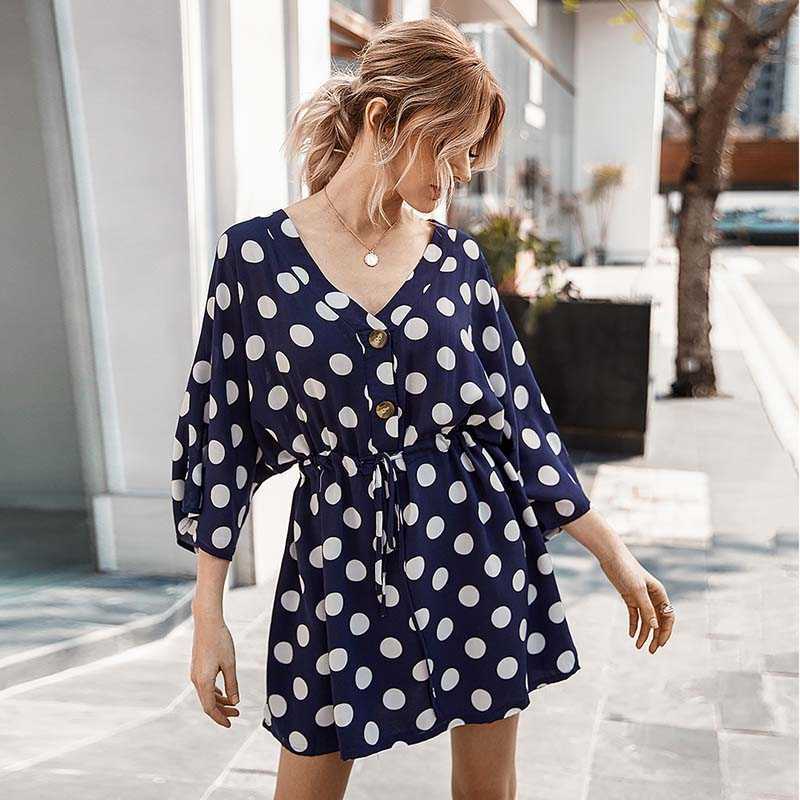 

Fashion Bohemian Women Dress Sexy V-Neck Half Sleeve Elastic Waist Button Polka Dot Lady Beach Dresses Vestidos W506 210526, White