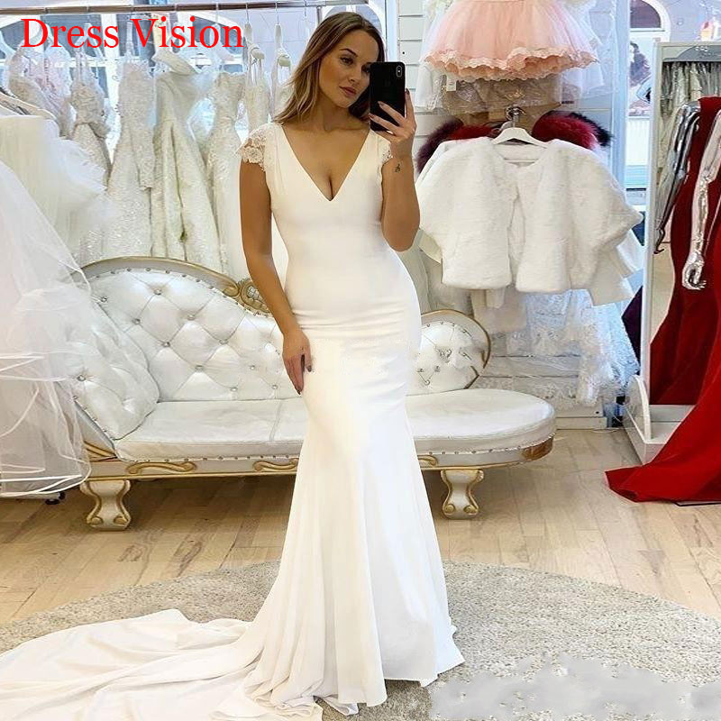 

Deep V-neck Lace Cap Sleeves Mermaid Wedding Dresses Wedding Bridal Gowns Robe De Marie Vestidos De Novia, White