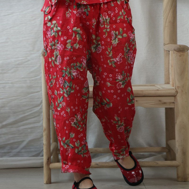 

Johnature Full Length Retro Print Pockets Elastic Waist Cotton Linen Wide Leg Pants Autumn Loose Leisure Women Pants 210521, Red