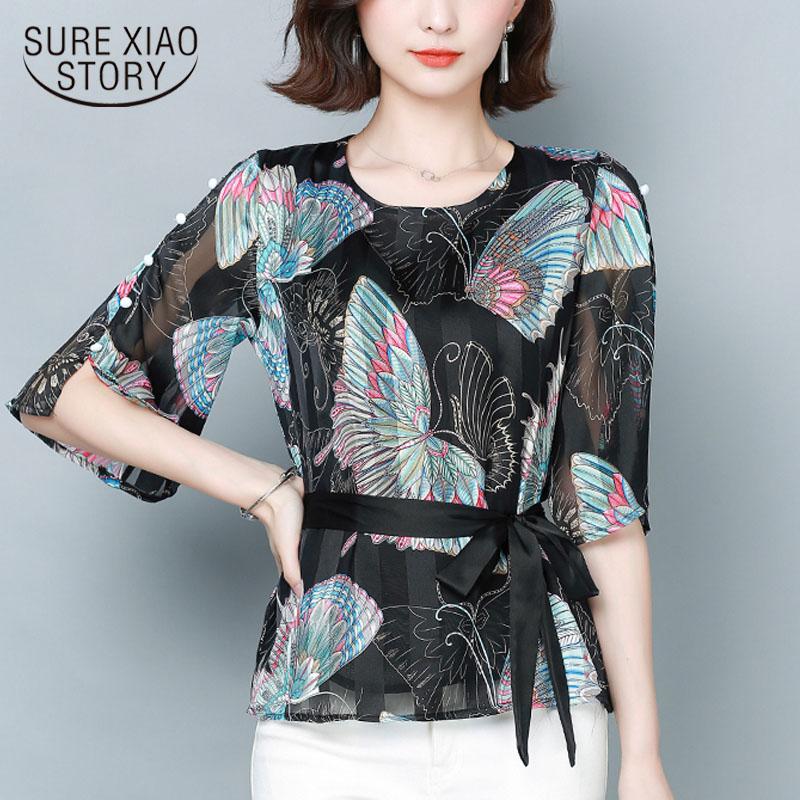 

Women's Blouses & Shirts 2021 Spring Summer Blouse Vintage Lace Loose Chiffon Printed Belt Slim Black Ropa De Mujer 9572