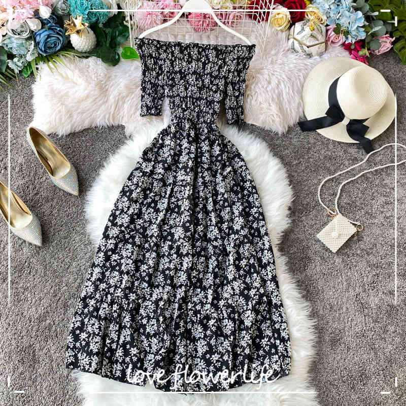 

Bohe Floral Dress Women Sexy Off Shoulder Spring Summer Vestidos Short Sleeve High Waist Stretch Dresses 210521, Black